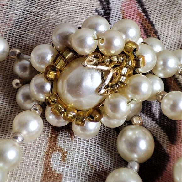Three 3 Strand Faux Pearl Gold Tone Collar Necklace Clear AB Beads Japan Clasp - Picture 7 of 16